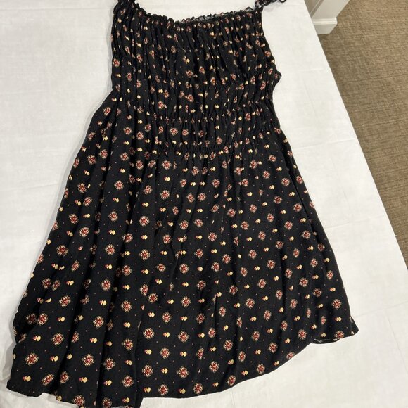 Free People All Mine Black One Shoulder Smocked Mini Dress S Floral Boho - Picture 4 of 9